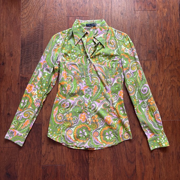 Vintage Dolce & Gabbana Green Orange 70’s Floral Button Down | Size 42 - Picture 1 of 12